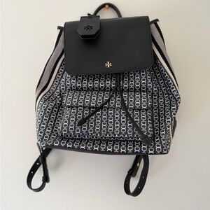 Tory Burch Black and White Logo-Print Canvas Backpack